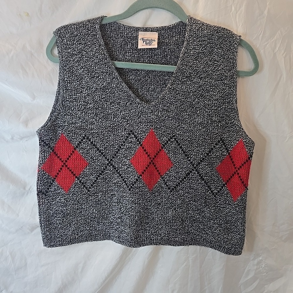 Vtg Huntington Ridge Argyle Diamond Pattern Knit Sweater Vest Gray Academia